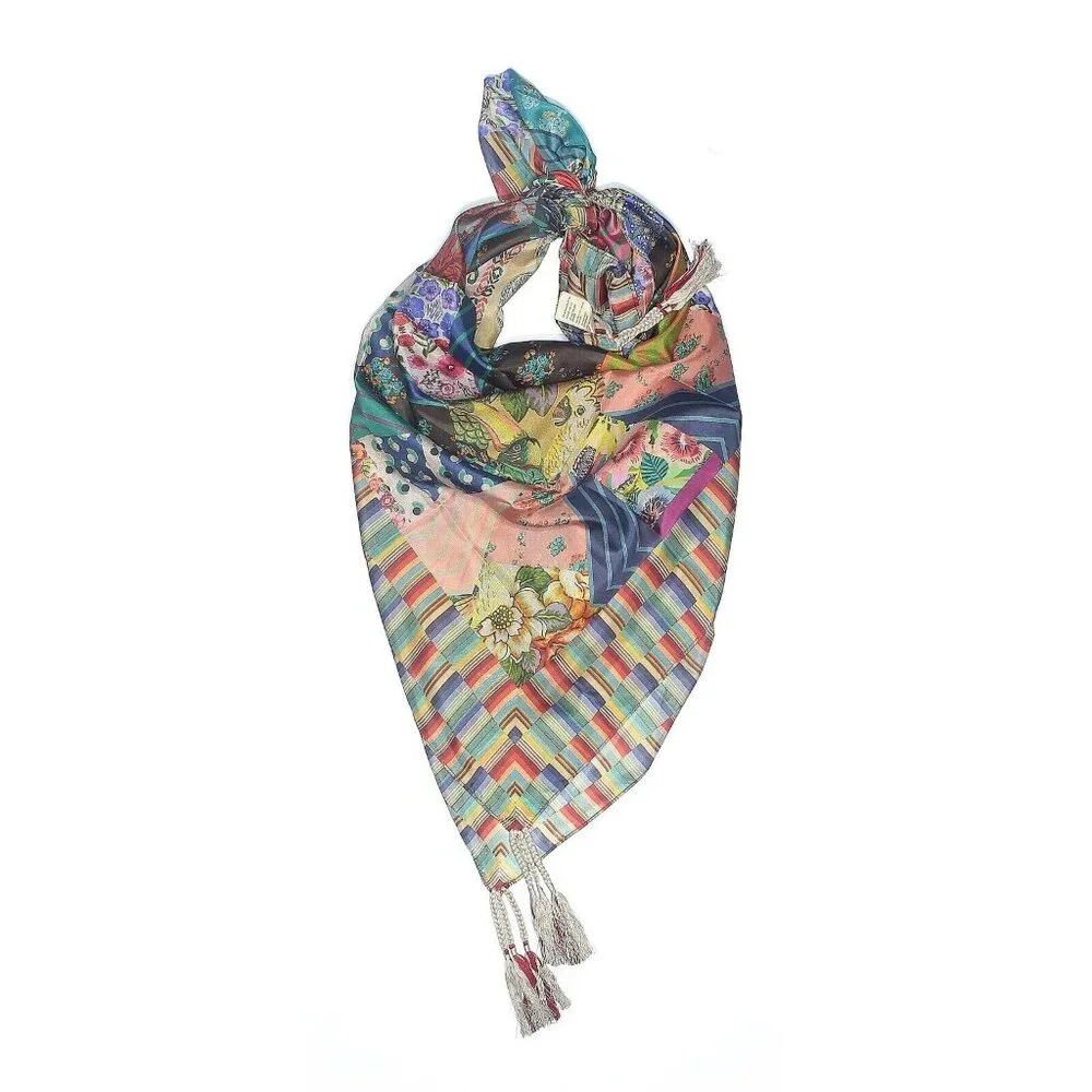NWT Johnny Was Imagination Scarf in Multi Black Parrot Patchwork Silk Tassel